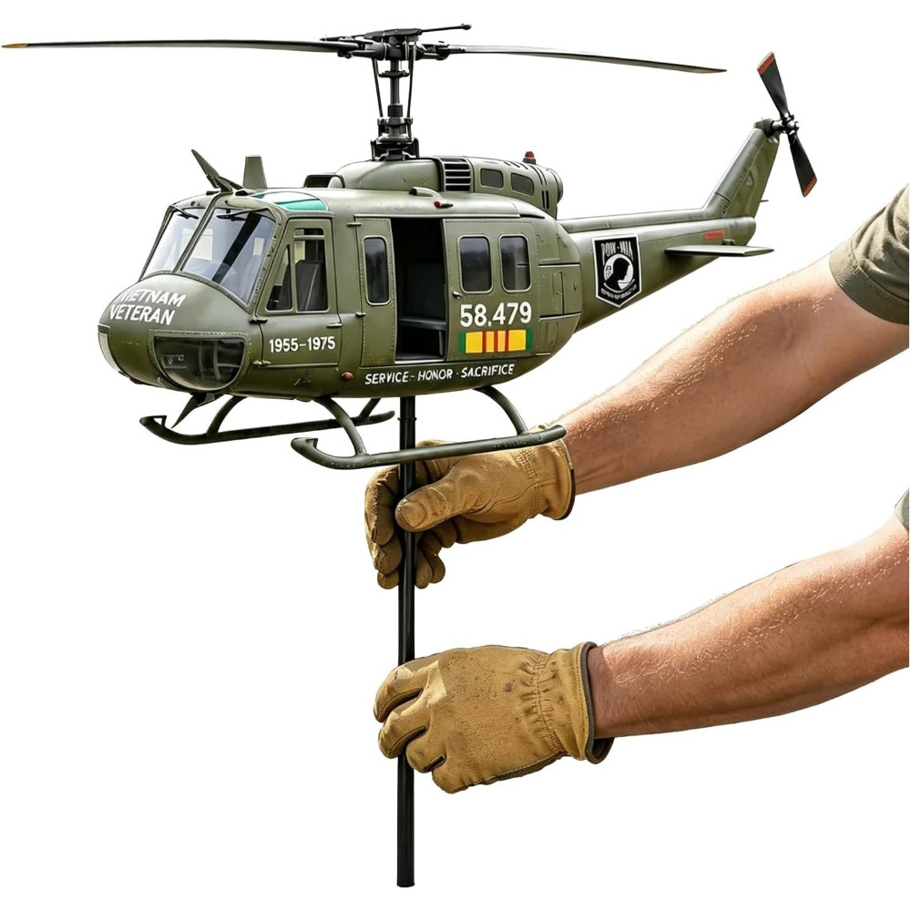 UH-1 Huey Helicopter Metal Garden Stake Sculpture – Rustic Weatherproof Yard Art, 3D Aviation Decor for Lawn Patio, Military Aircraft Wind Spinner Ornament