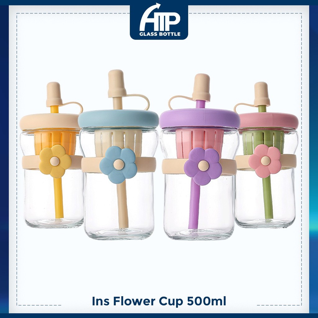 500ml ATP Glass Bottle Cawan Macaroon Glass Cup with Straw and Separation Portable Cup High-End Feeling Flower Gift Cup