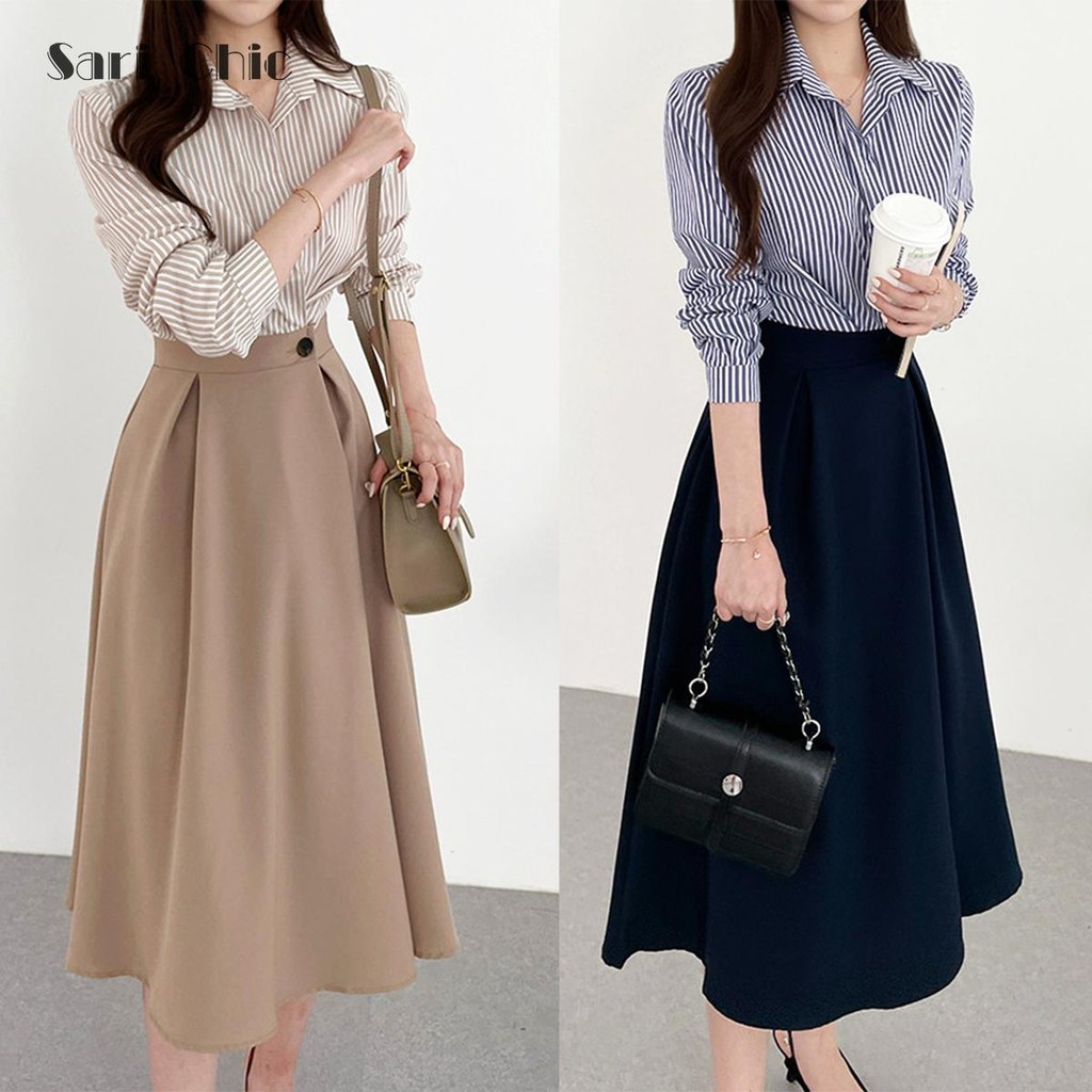 SARICHIC Baju Muslimah Polo Collar Stripes Fake Two-Piece One Button Waist Design Fashion Maxi dress for Women -99171