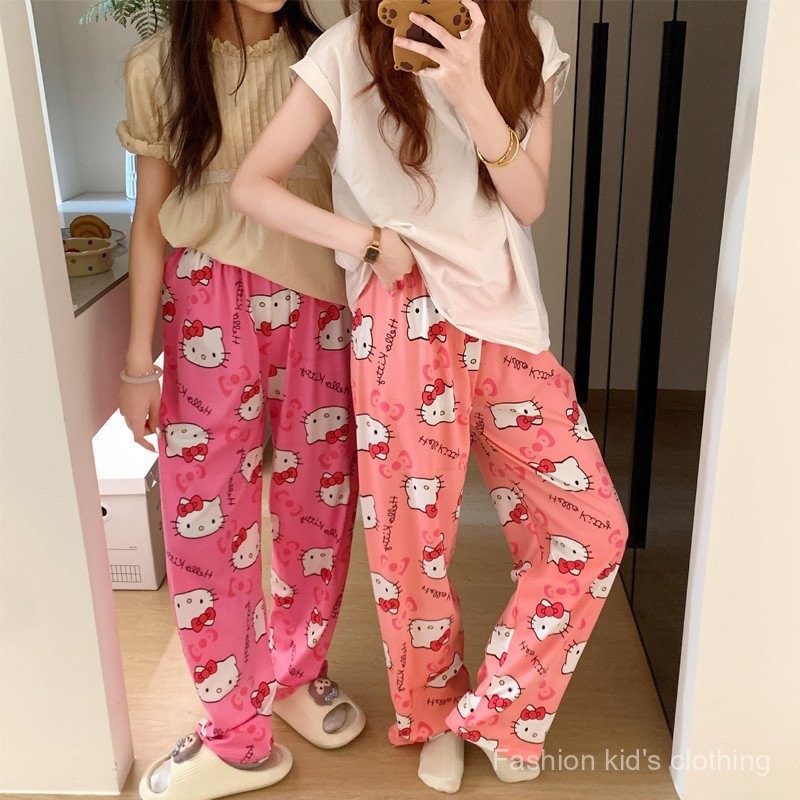 Sanrio Hello Kitty Cotton Pajama Pants - Kawaii Black Pink Anime Design
