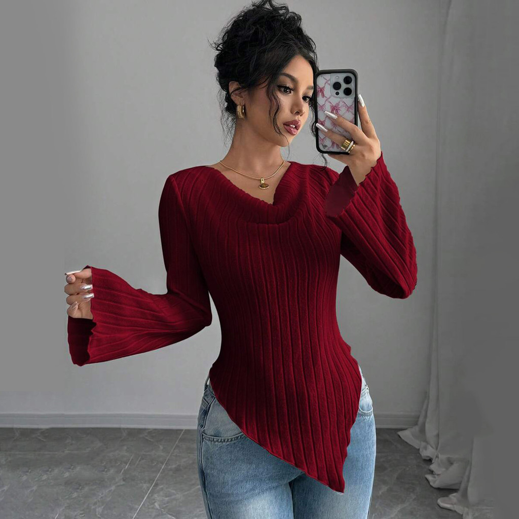 【Ready Stock】Women Ribbed Knit Sweater Slim Fit Fall Top Blouse Women Baju Perempuan Knitwear Woman Baju Perempuan Style Gaya Korea