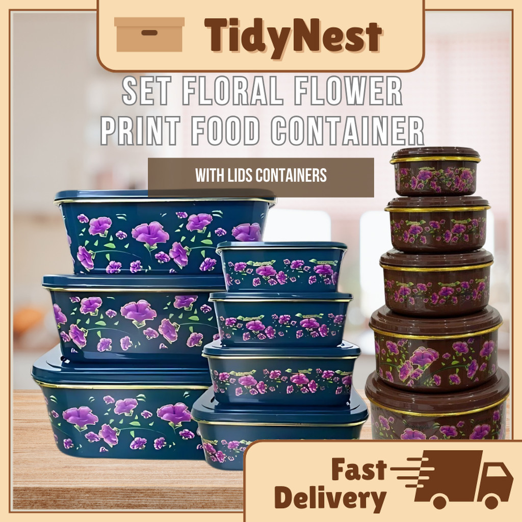 CASA 7 in 1 Set Floral Flower Print Food Container With Lids Containers Kitchenware Utensils