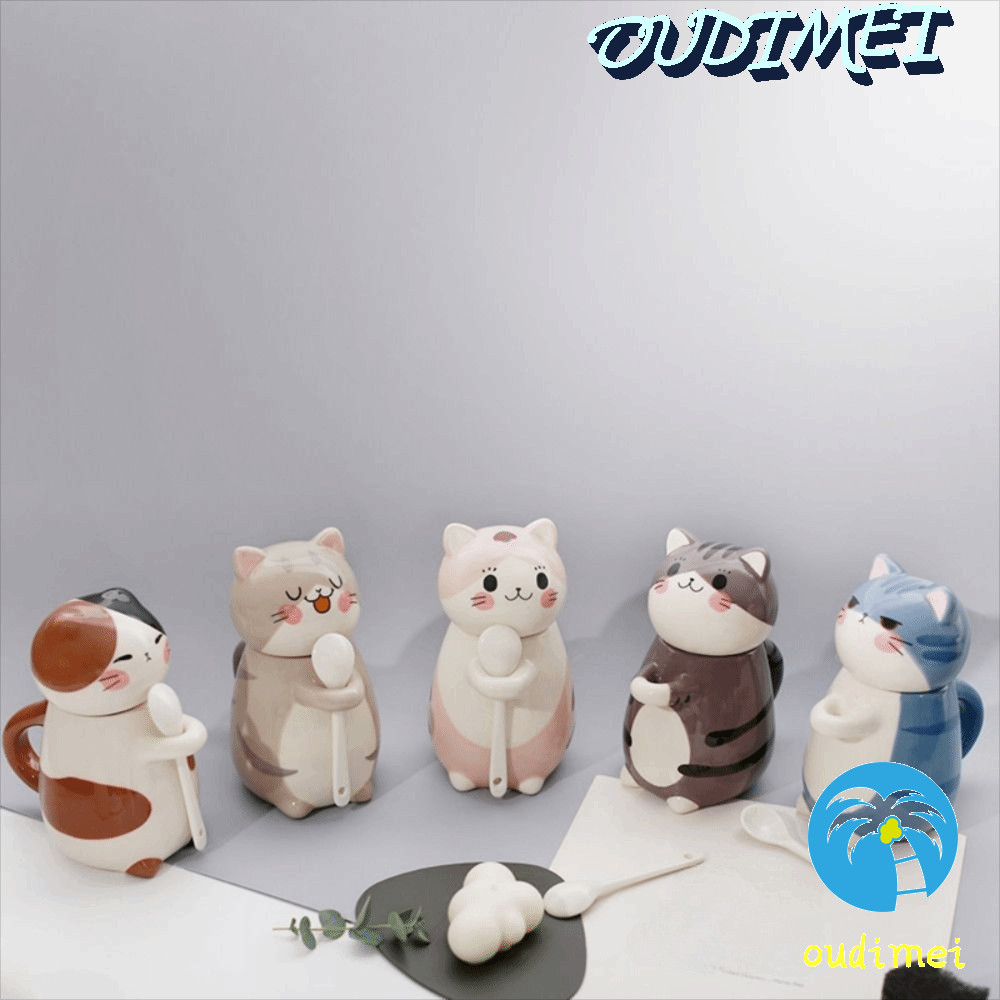 OUDIMEI Cat Coffee Mug, With Spoon Ceramic Hand Painted Mug, Home Decor Cartoon Exquisite Capped Mug Coffee Pots Office
