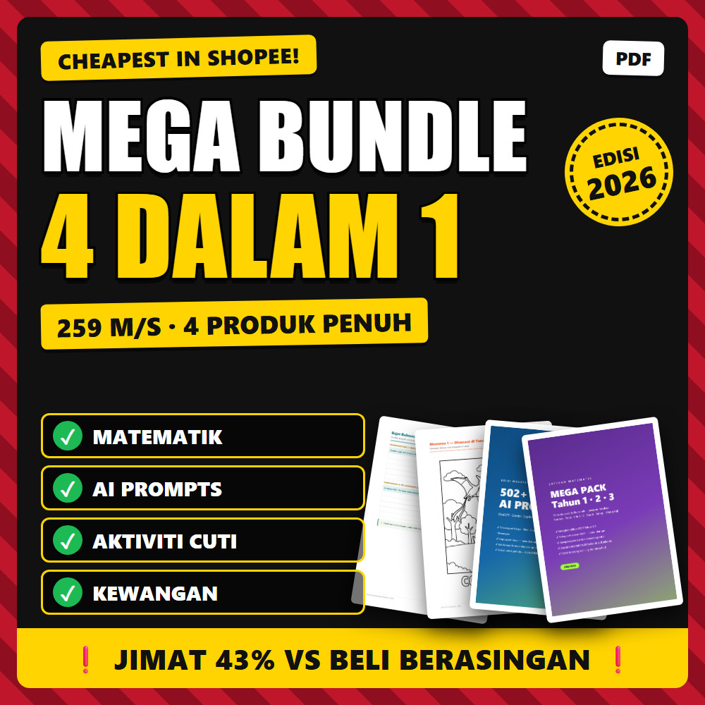MEGA BUNDLE 4in1 2026 Latihan Matematik + 500 AI Prompts + Aktiviti Cuti + Perancang Kewangan
