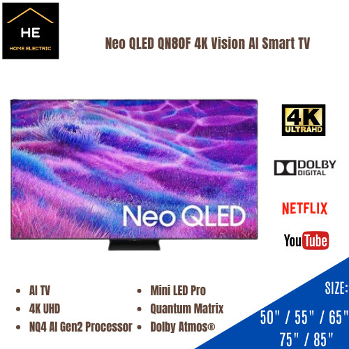 SAMSUNG 50 / 55 / 65 / 75 / 85 Neo QLED QN80F 4K Vision AI Smart TV Televisyen