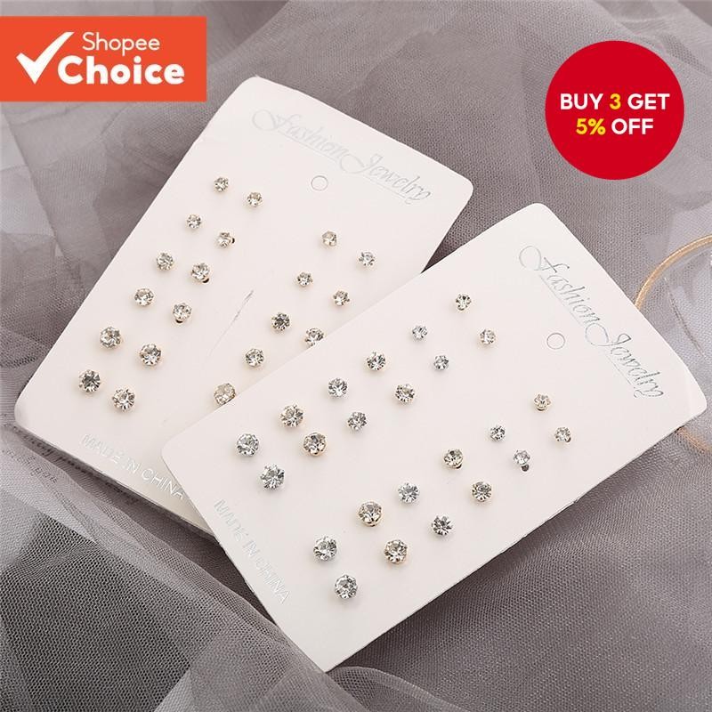 12 Pairs Original Rhinestone Stud Earrings Set for Women Simple Fashion Jewelry Collection