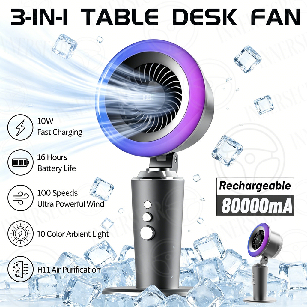 Upgraded Wireless Table Fan 80000mAh Quite Portable Fan 100 Speed Cooling Fan turbo fan with Air Purifier and RGB Light