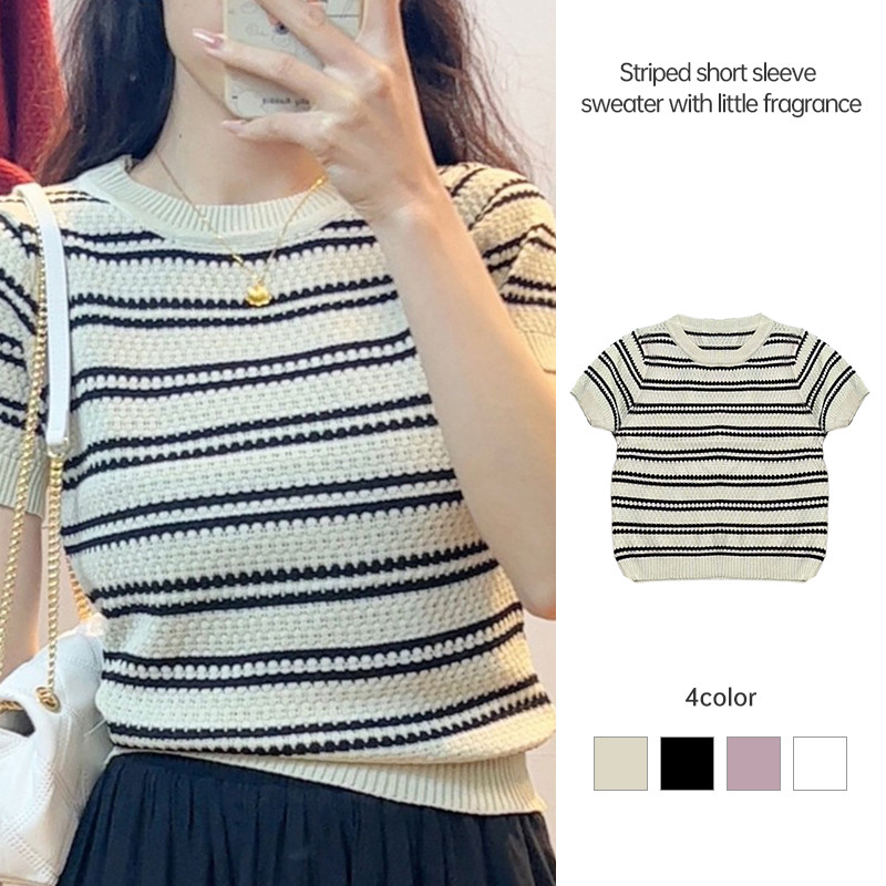 Thin Slim Fitting Knitwear Small Fragrant Style Striped Short Sleeve  Women Summer French Style Top【IllusoryBawei】