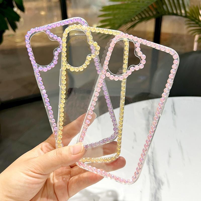 Colorful Pearl Handmade Diamond Fashion Simple Design, Suitable for iPhone 16/16pro/16plus/16 15 14 13 Pro max Mobile Phone Case Transparent PC + TPU Two-in-One Hard Soft Edge