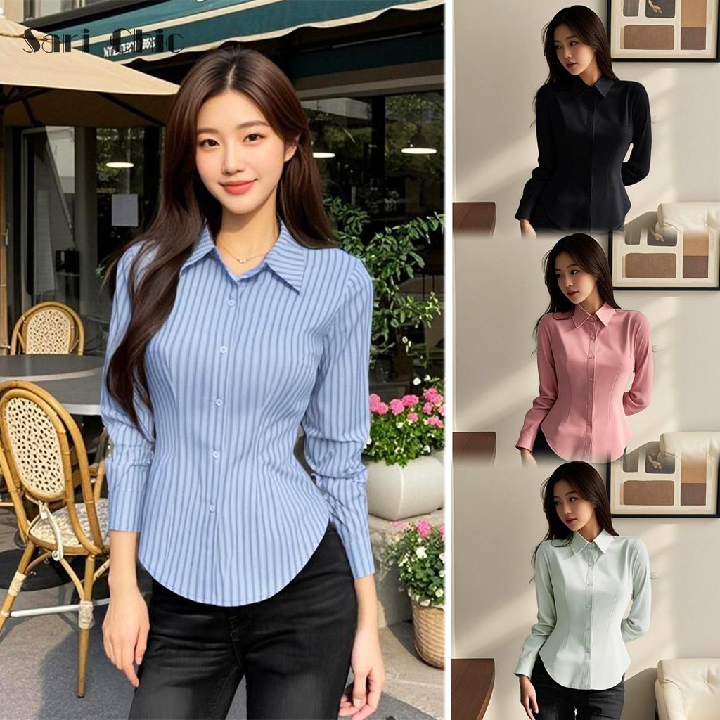 SARICHIC Women's Work Shirts Blue Striped Plus Size Shirt Korean Fashion Slim Fit Shirt Waist Long Sleeve Top -99170