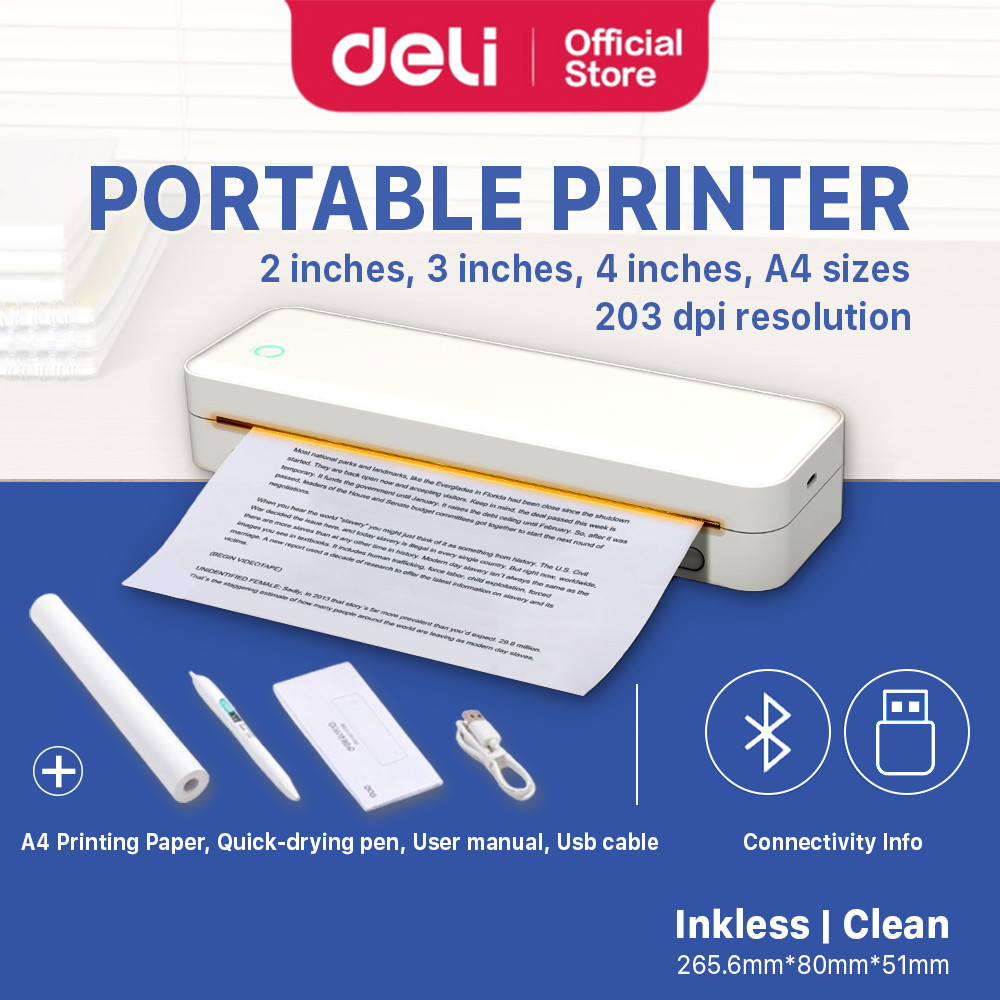 Deli Wireless Bluetooth A4 Portable Thermal Printer 203dpi Android Windows Apple Mesin Pencetak