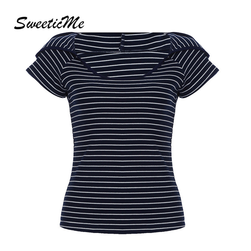 SweeticMe Women's Tops 2025 New Fashion Stripe Short Sleeve U-neck Hoodies