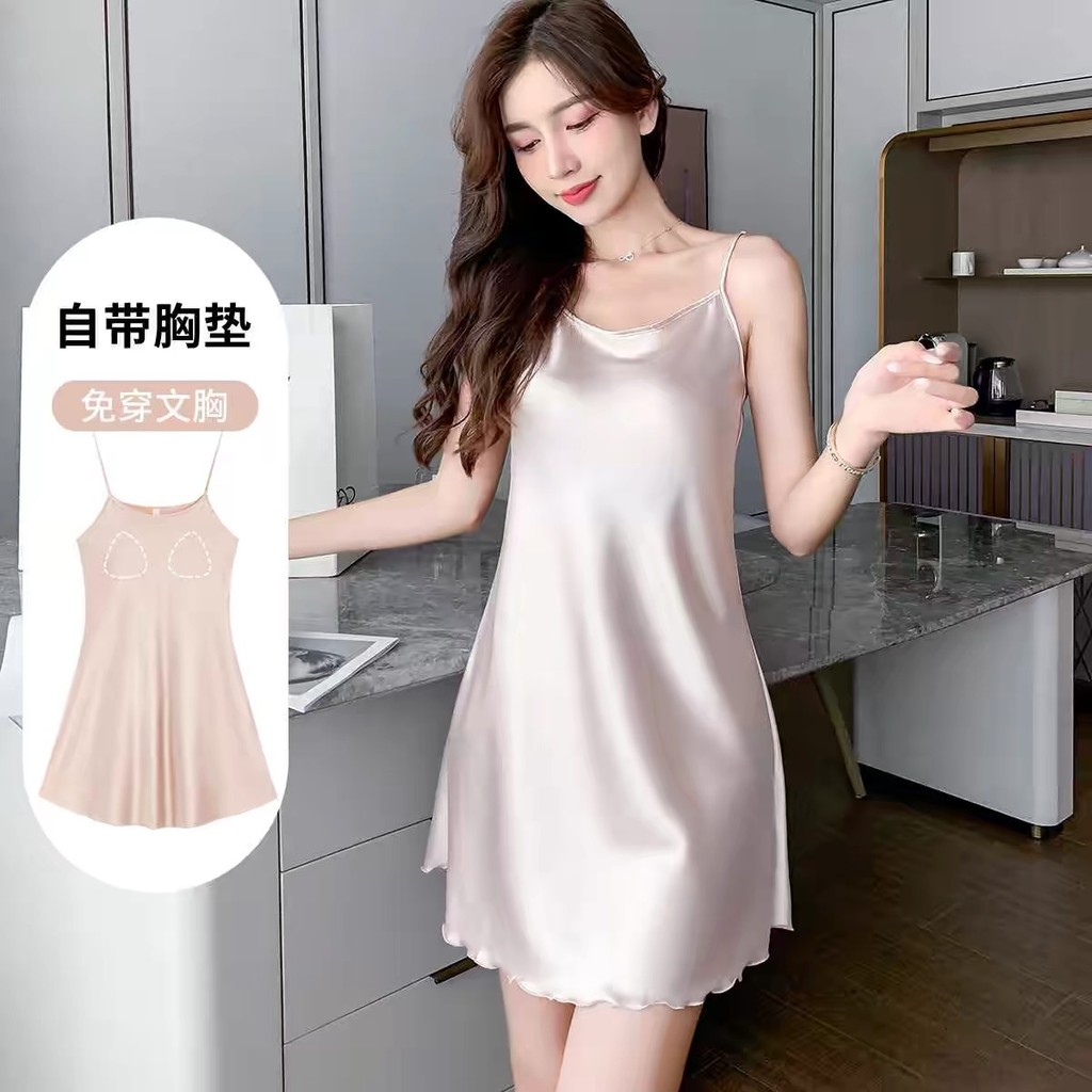 现货 大促自带胸垫睡裙冰丝性感吊带背心夏薄款丝绸睡衣带Bra可外穿家居服Comes with Chest Pad Nightgown Ice Silk Sexy Camisole for Summer  vvv