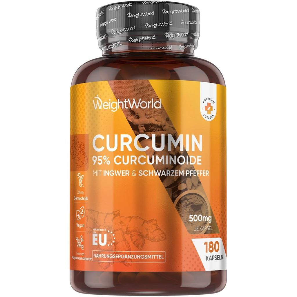 Kapsul Kurkumin - 500 mg (50:1) Ekstrak Kunyit, Setara dengan 25,000 mg Kunyit - Bekalan 6 Bulan - 180 Kapsul - Kurkumin 95% dengan Lada Hitam & Halia - 1 Kapsul sehari