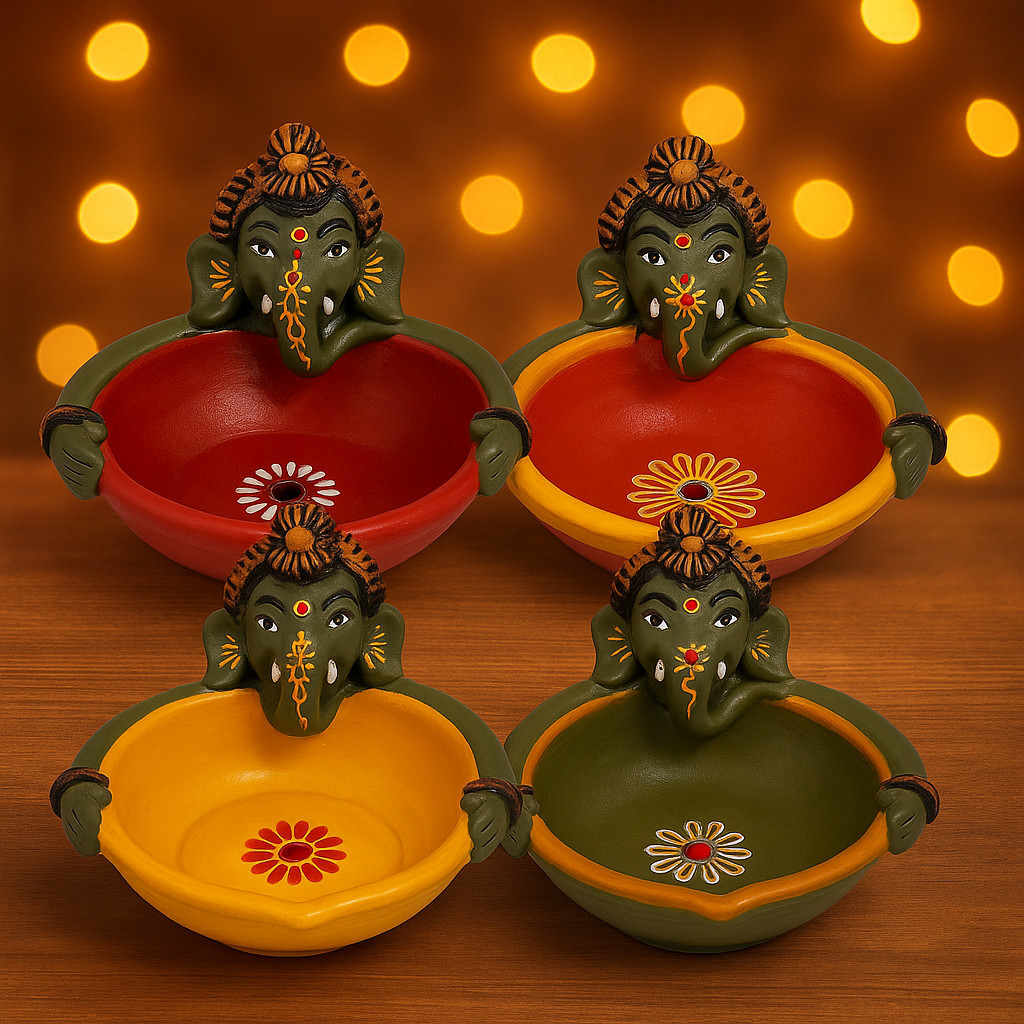 Colorful Terracotta Ganesha Diya – Handcrafted Clay Oil Lamp Agal for Puja, Festival & Deepavali Décor