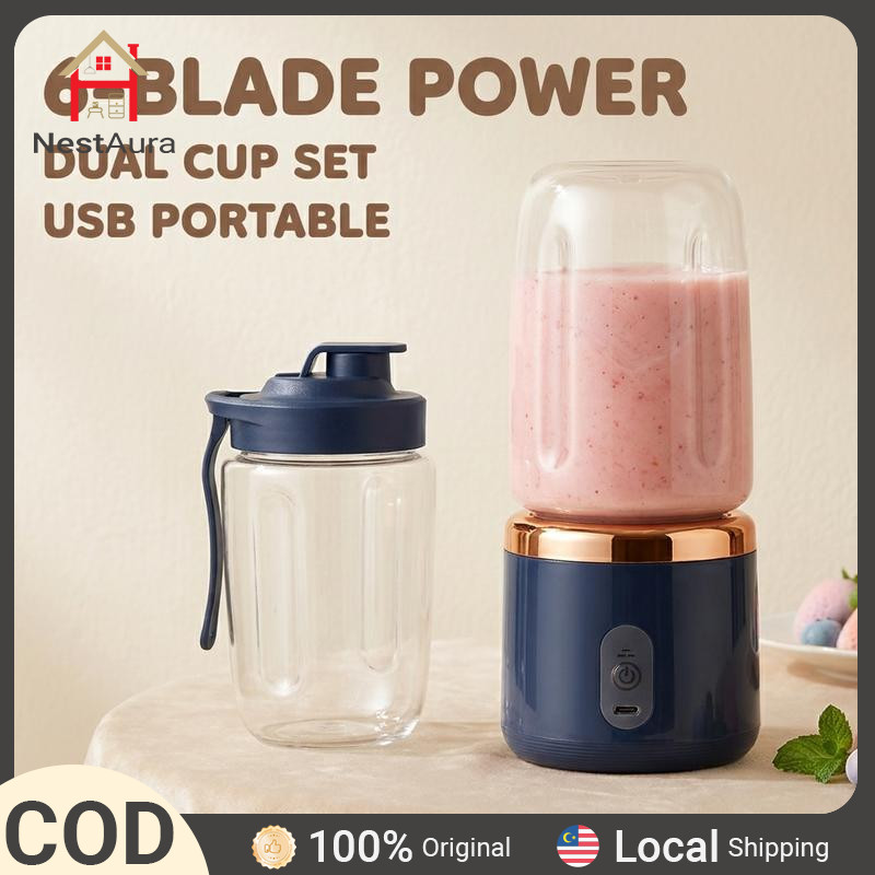 [2 Cawan Biru] Blender Portable 400ml 6 Bilah Pengisar Buah Mudah Alih USB Rechargeable Juicer Mesin Jus Tanpa Wayar