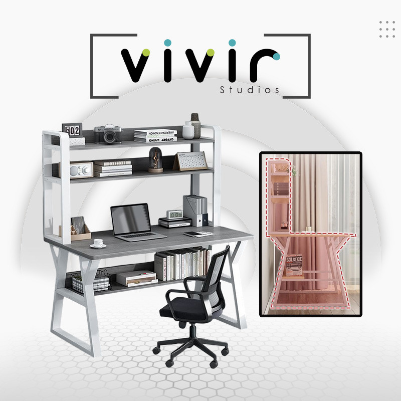 VIVIR【JYJU】Meja Modern Computer Desk Home Office Study Table with Storage Bookshelf and Side Shelves