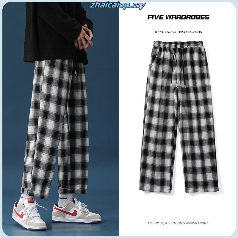 【运动长裤】黑白格子裤子男直筒宽松ins情侣阔腿休闲裤百搭帅气韩版老爹裤男Black and White Plaid Pants Men's Straight Loose Ins Couple'【fusuu.my】4.5