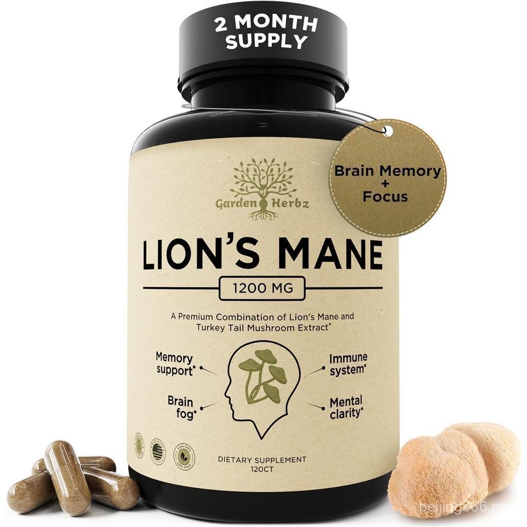 Kapsul Suplemen Cendawan Lion's Mane dengan Turkey Tail untuk Memori & Fokus - Ekstrak 10:1, Sokongan untuk Masalah Kabur Fikiran, 1200mg, Pihak Ketiga, Bukan GMO, Vegan, Buatan Amerika Syarikat, 120 Kapsul.