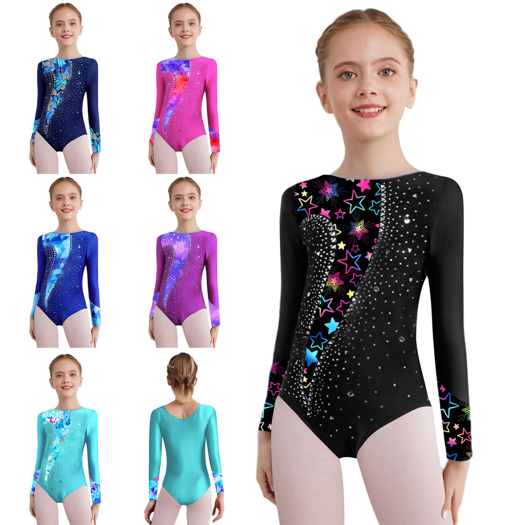 Yeahdor Kids Girls Printed Patchwork Shiny Rhinestone Decoration Leotards Gymnastics Dance Outfits Boat Neck Long Sleeve Crotch Button Jumpsuit for Dance Competition