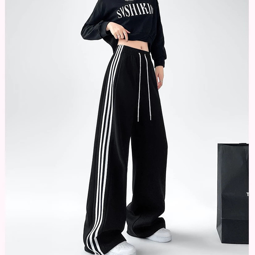 Crush Fashion American Style Side Stripe Thin Paratrooper Pants Women Loose Wide Leg Straight Street Dance Sports Pants
