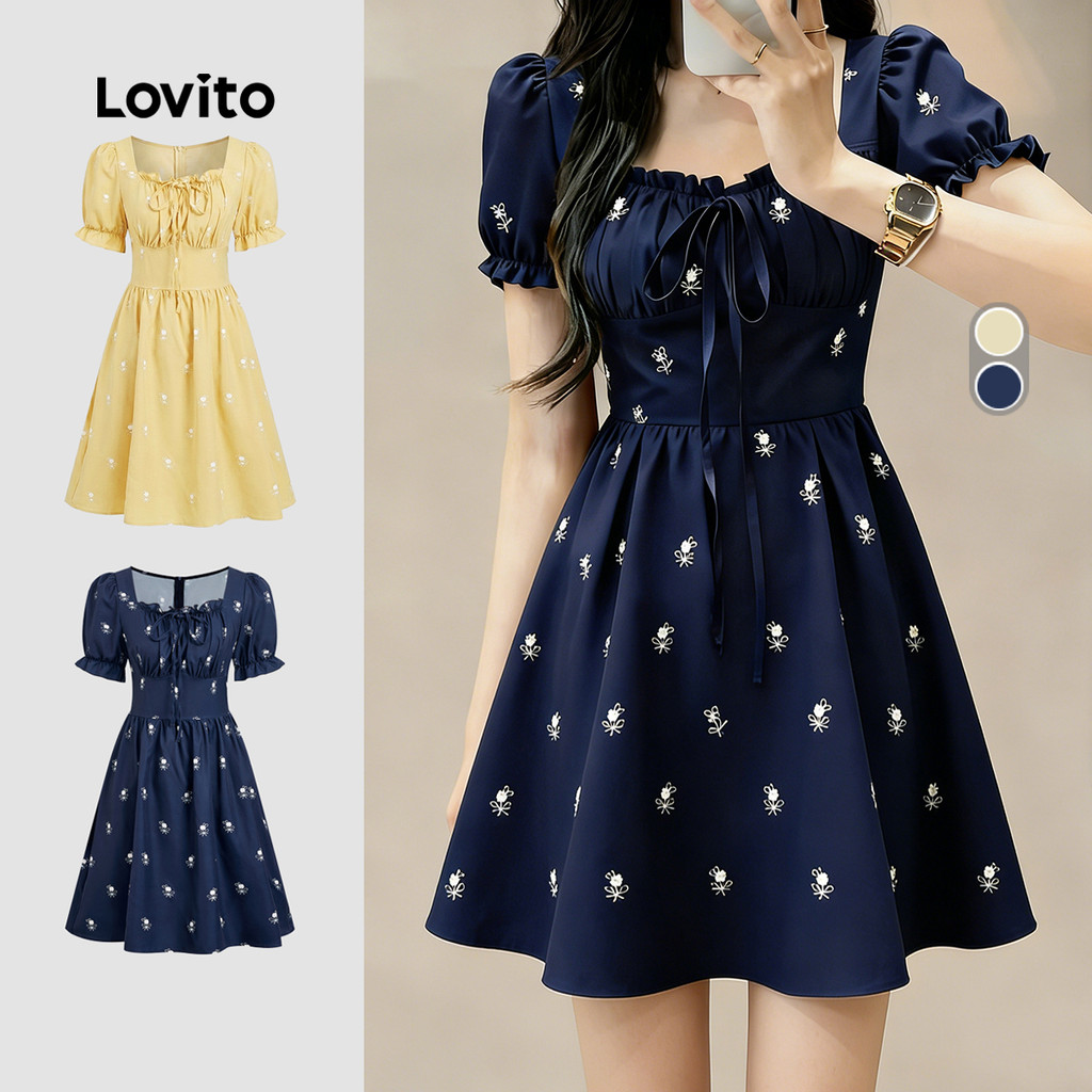 Lovito Casual Dress Lace Up Ruffle Spring/summer Navy Blue Dress for Women LBL33053 Lovito Casual Gaun Bertali Ruffle Musim Bunga/musim Panas Biru Navy untuk Wanita LBL33053