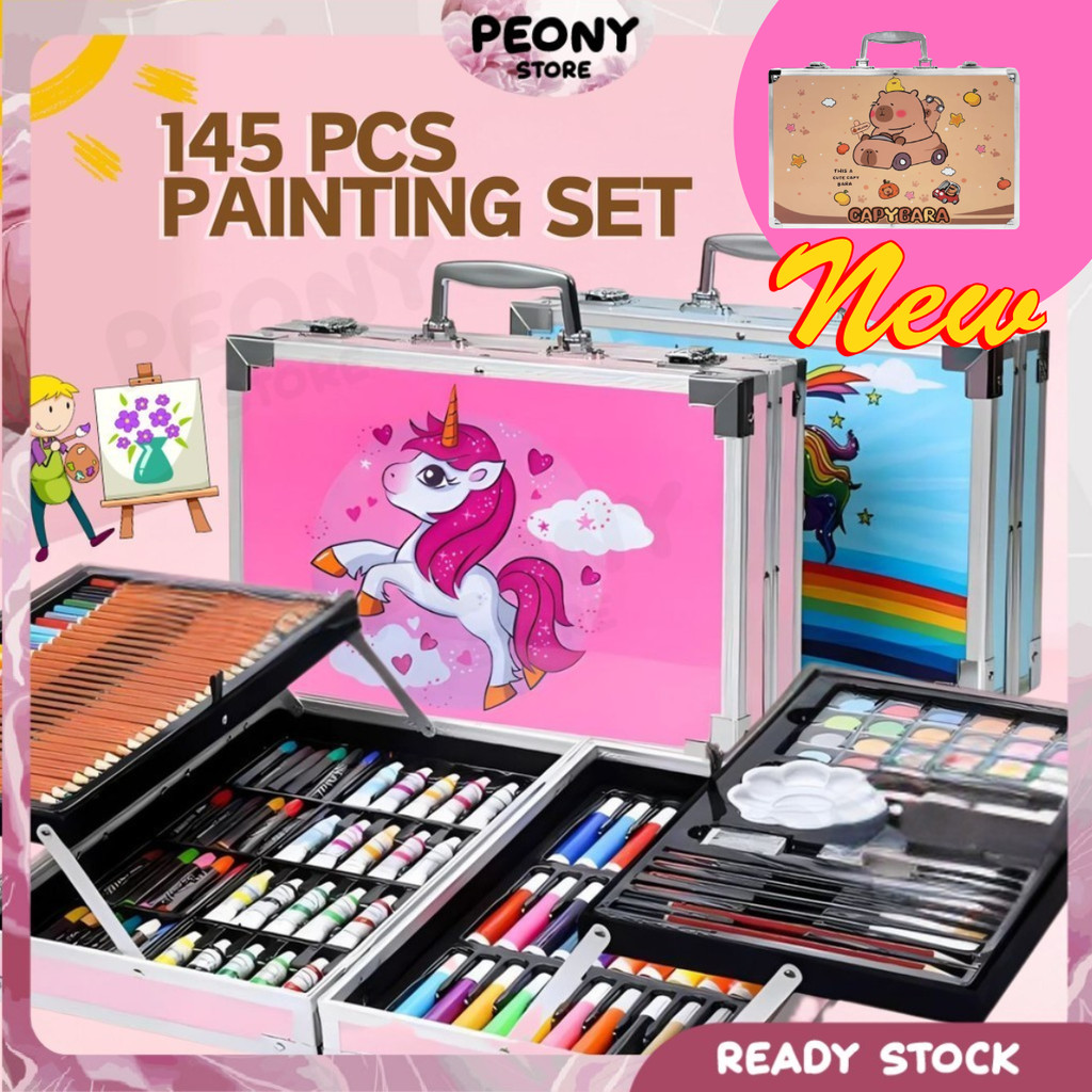 145pcs Art Set Kuromi Aluminum Case Birthday Hadiah Painting Stationery Set Watercolor Crayon Marker Pencil Warna Gift