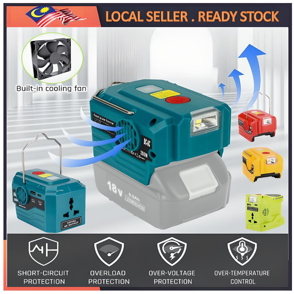 Portable Power Inverter hook Makita Dewalt Bosch Milwaukee M18 18V 20V Lithium Battery USB Type-c Port LED Light