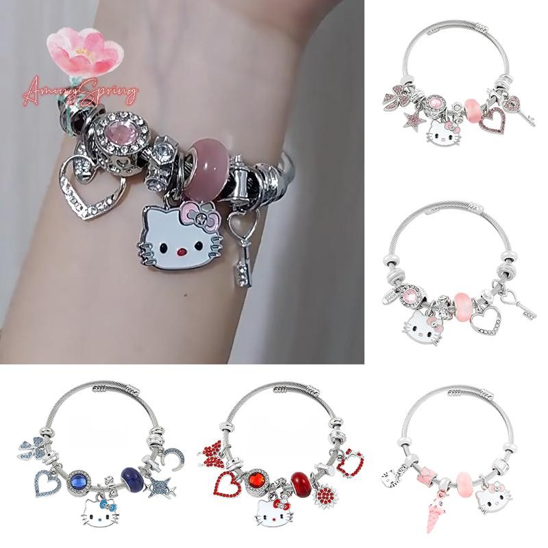 AmongSpring> Sanrio Hello Kitty Bracelet Fashion Trendy Girl Y2K Bangles KT Cat Crystal Beads Hand Chains For Women Wedding Jewerly new