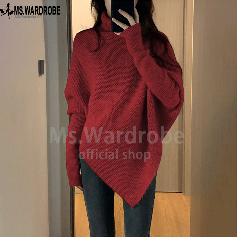 Ready Stock Korean Irregular High Neck Knit Sweater Women Long Sleeve Casual Pullover Baju Sejuk Wanita Harian