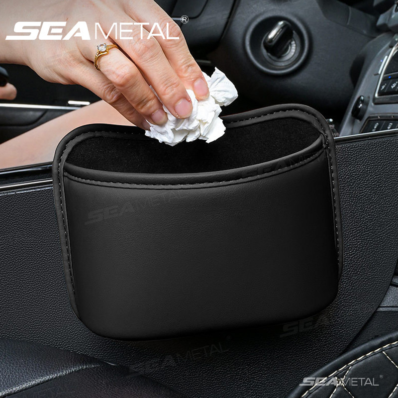 SEAMETAL Car Door Storage Box PU Leather Auto Seat Back Hanging Cup Holder Trash Can Multi-function Car Storage Pocket Organizer