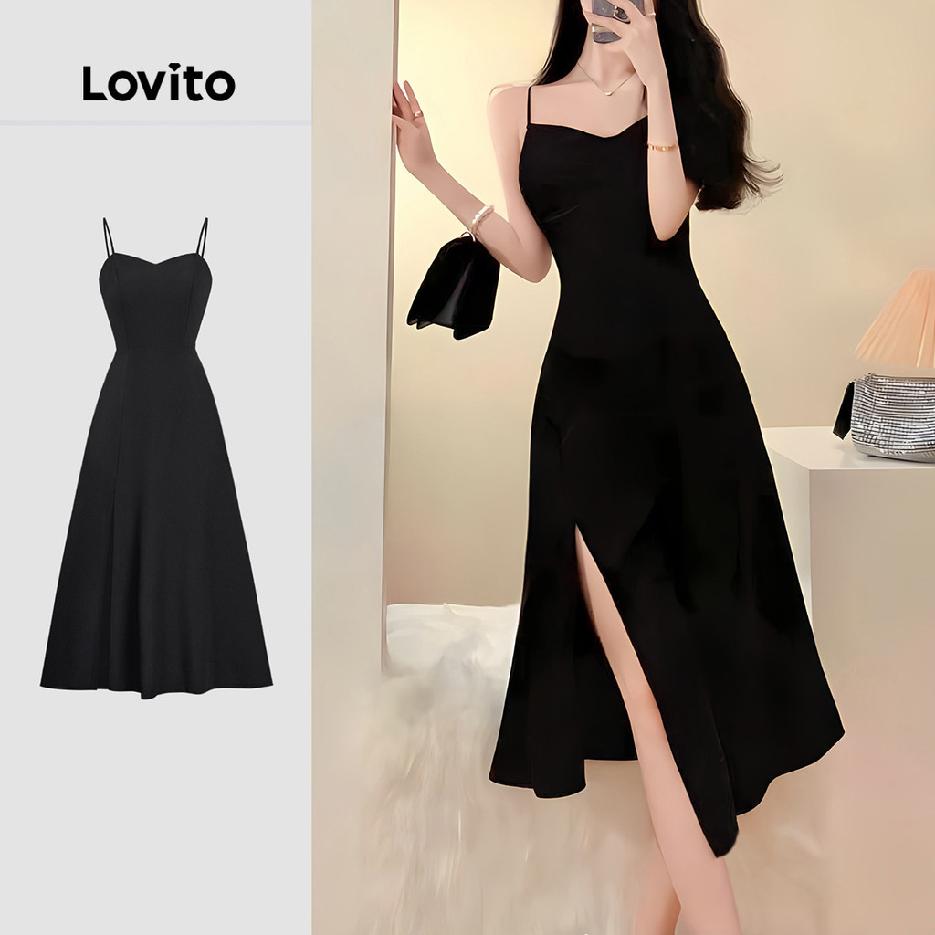 Lovito Glamorous Dress Structure Line Split Asymmetrical Spring/summer Black Dress for Women L155AD279 Lovito Gaun Hitam Asymmetrical Berjalur Reka Bentuk Gaun Musim Barta Gewinner L155AD279