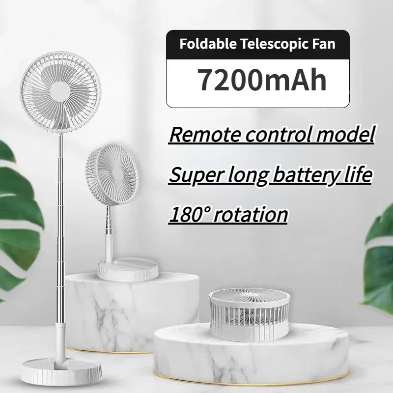 Kipas Lipat Teleskopik 7200mAh Tanpa Wayar USB Boleh Dicas Semula, Kipas Bunyi Rendah untuk Luar Rumah, 3 Kelajuan, Kipas Mudah Alih untuk Perkhemahan, Lantai Kecil