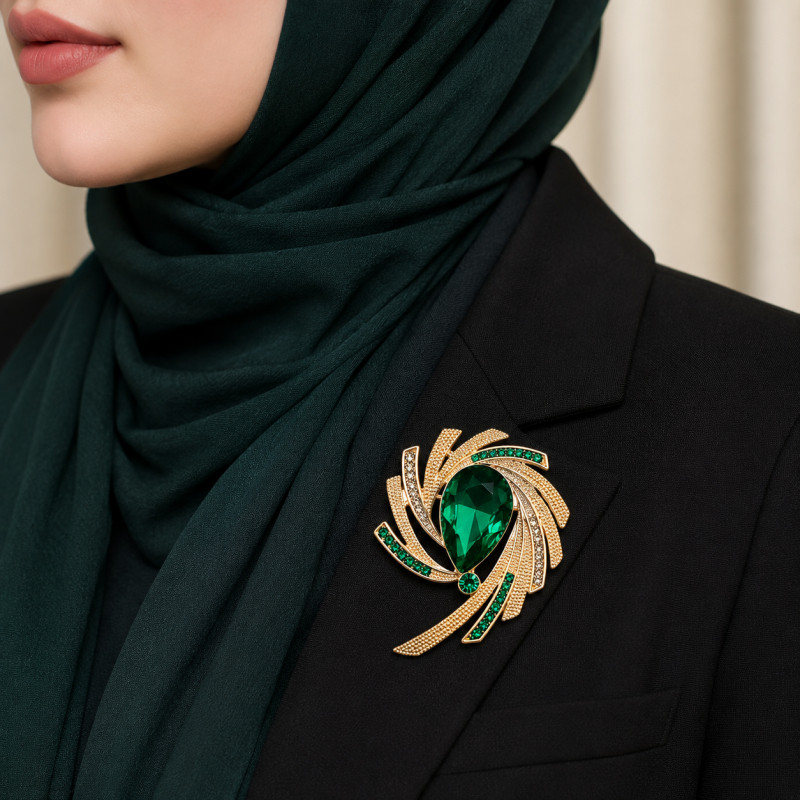 Luxury Crystal Brooch Pin Elegant Waterdrop Rhinestone Brooch for Women Hijab Scarf Accessories Green Purple