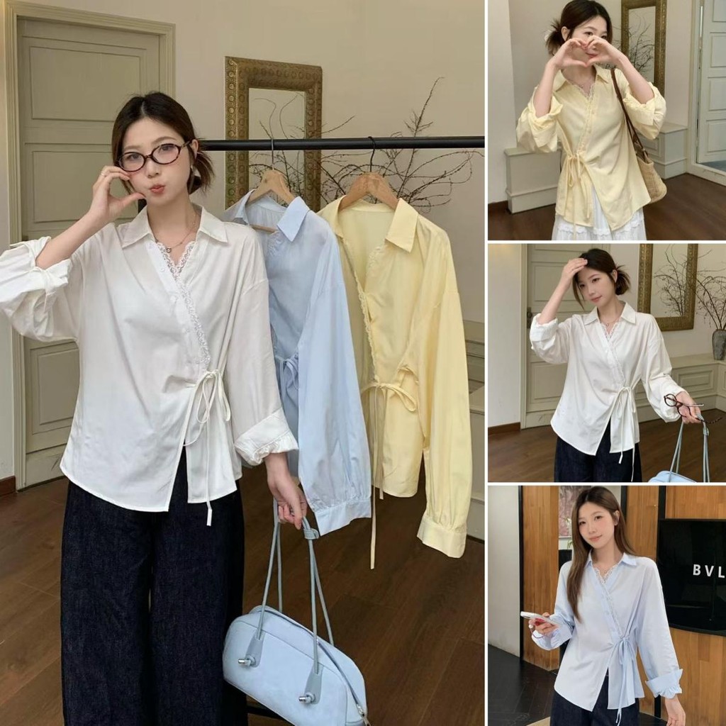 SARICHIC Long-sleeved shirt cross-button front, bow tie on the side, Korean style white blouse for women -99199