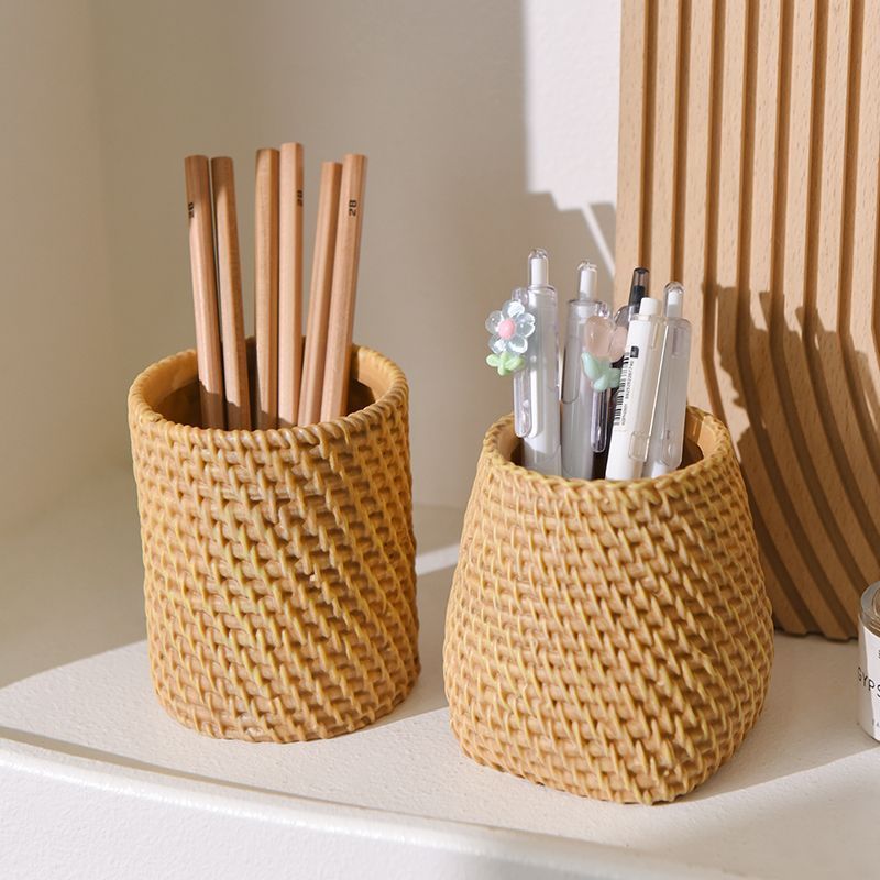 Bekas Simpan Pen & Berus Solek Tiruan Rotan | Rattan Look Multi Function Pen & Makeup Brush Holder Table Decor
