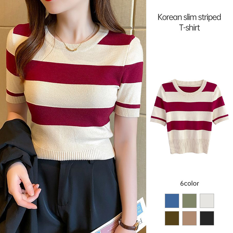 Women Slim Fitting Knitwear Korean Version Thin Striped Short Sleeve  Short Top【IllusoryBawei】