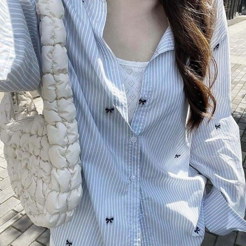 【Bestnifyloca】Blue White Striped Bow Print Shirt Women Casual Long Sleeved Shirt Versatile Loose Top
