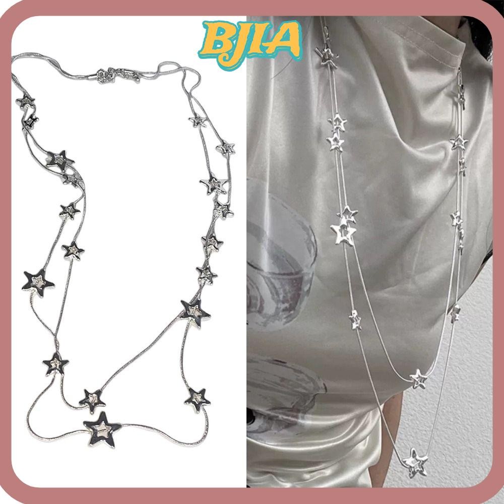 ✿BJA✿ Pentagram Star Pendant, Silver Color Punk Long Chain Necklace,  Y2K Style Double Layer Alloy Choker