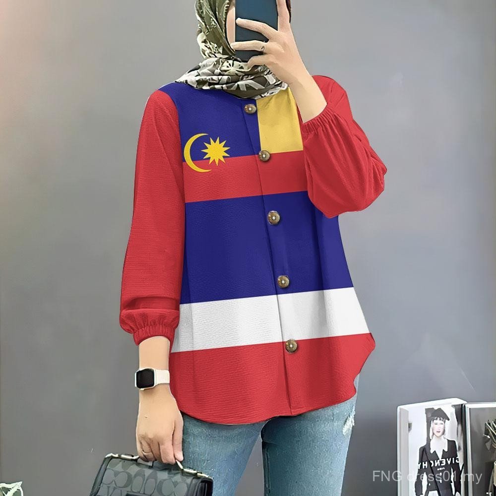 2026 Baju Muslimah Merdeka Pakaian Jersi Malaysia ke-68 Blaus Muslimah Baju Lengan Panjang Ootd Sukan Luar Lengan Puff Baju Raya Blaus