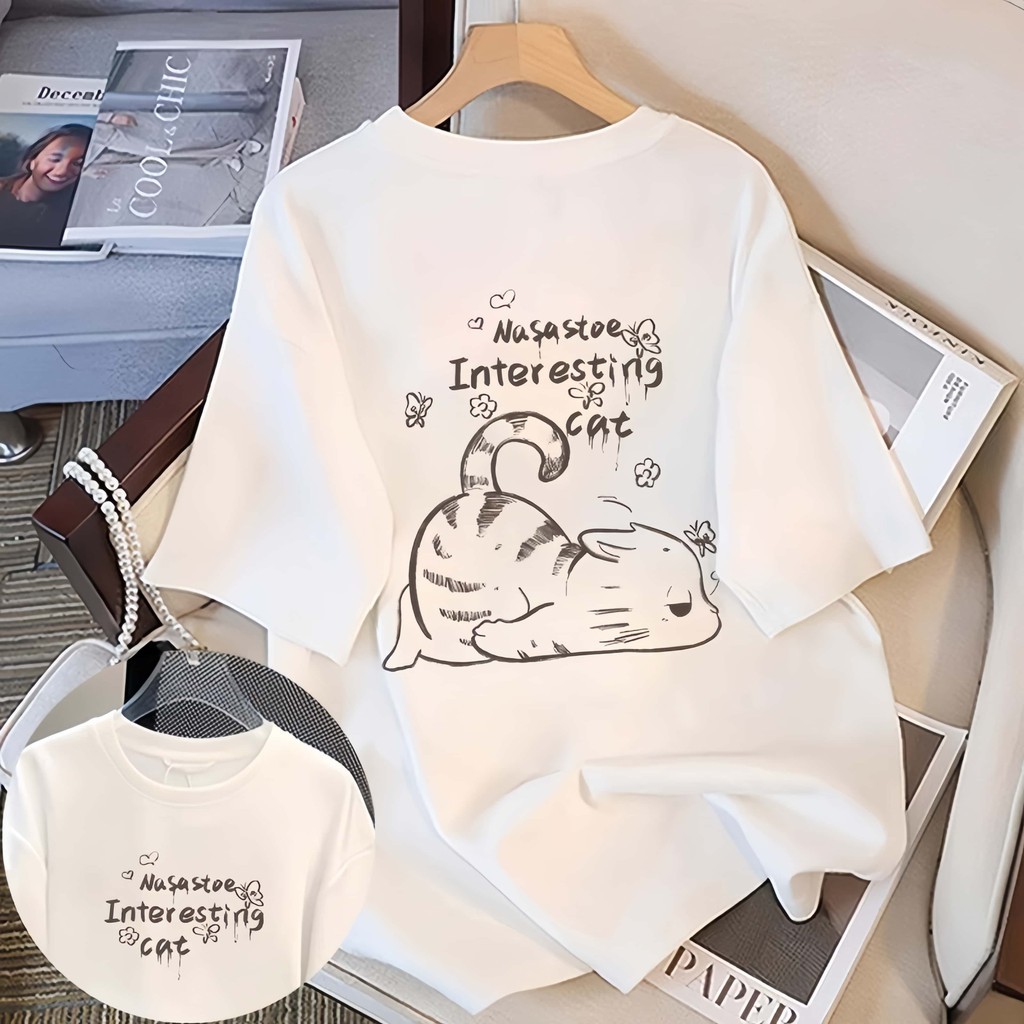 OKO Unisex Soft Comfort Cotton Short Sleeve Cat Print T-shirt Fashion For Man And Woman Casual Tee