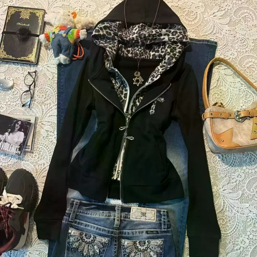 X-ORANGE Leopard Print Hooded Sweatshirt Jacket - Casual Women's Clothing