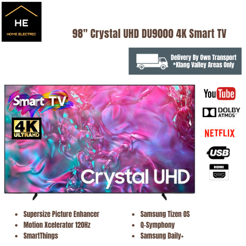 Samsung 98" Inch Crystal UHD DU9000 Series 4K 120hz Smart TV Televisyen Television UA98DU9000KXXM