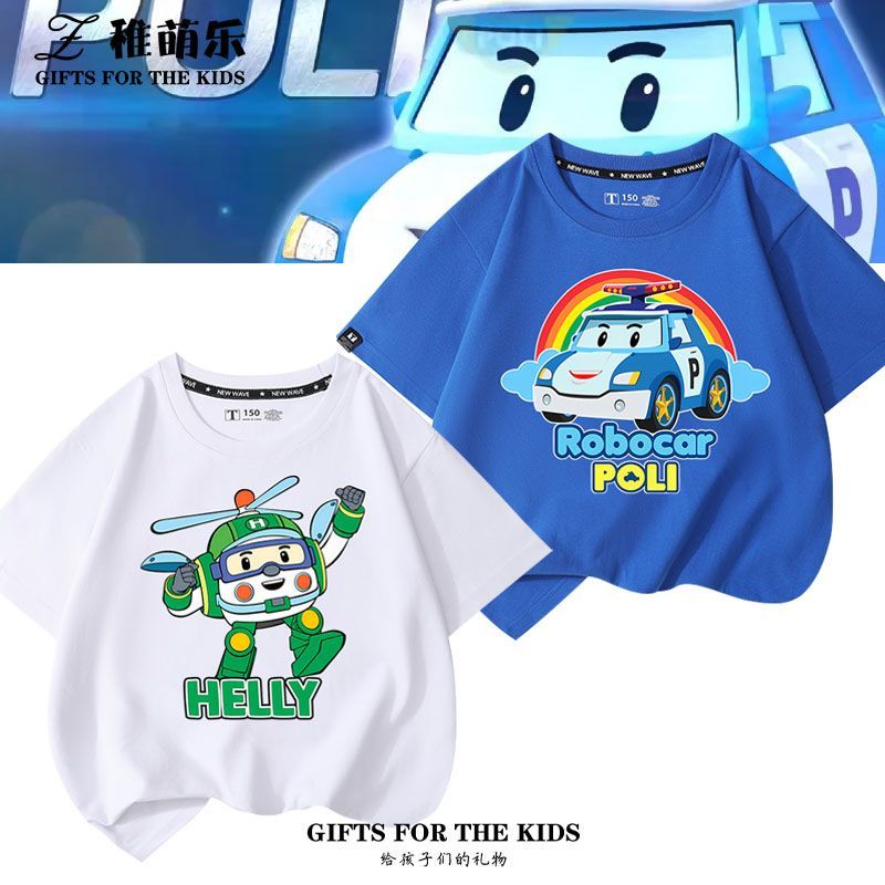 Tersedia dalam stok: Baju-T lengan pendek bertema anime Perli Kereta Polis yang boleh diubah bentuk untuk kanak-kanak le