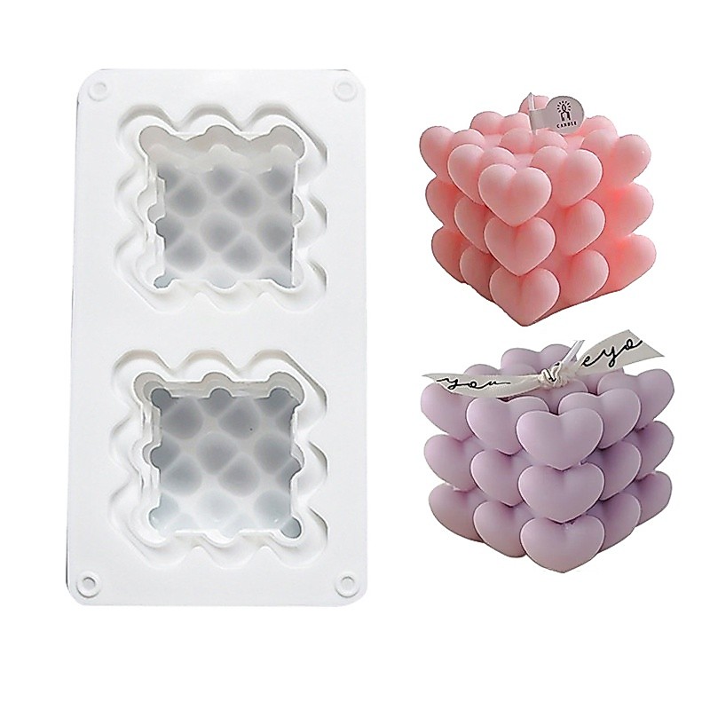2-Cavity Heart-Shaped Cube Silicone Mold for Candle/Mousse/Pudding/Dessert/Chocolate/Soap/Baking, DIY Plaster Fragrant Stone Tool