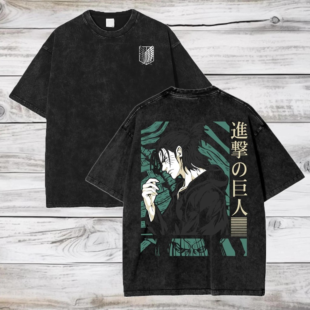 Attack on Titan Anime Acid Washed Oversize T-Shirt Eren Jeager Anime Tee Gift for Him Graphic Short Sleeve Men Women Sum