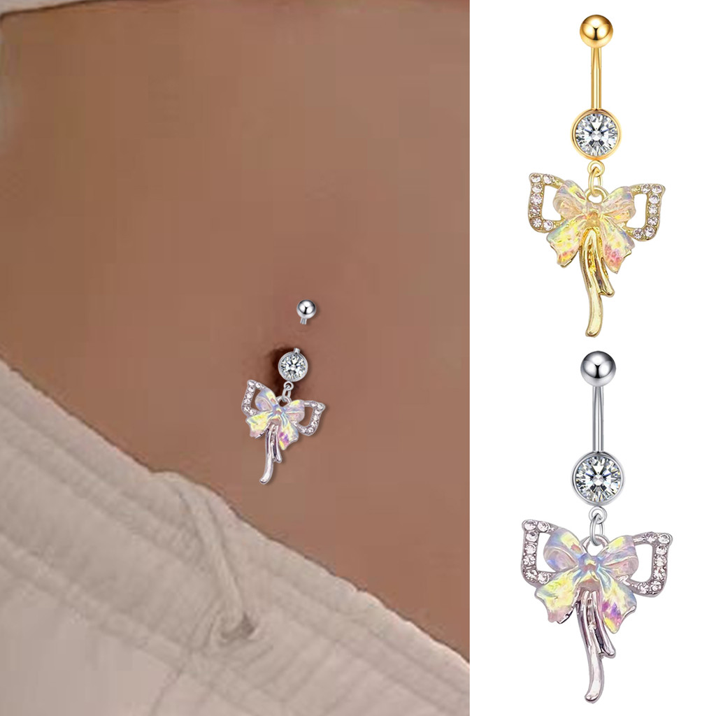 1 PC Bowknot Colorful Navel Nail With Dazzling Butterfly Pendant Pierced Belly Button Ring For Women Girls Fashion Accessory