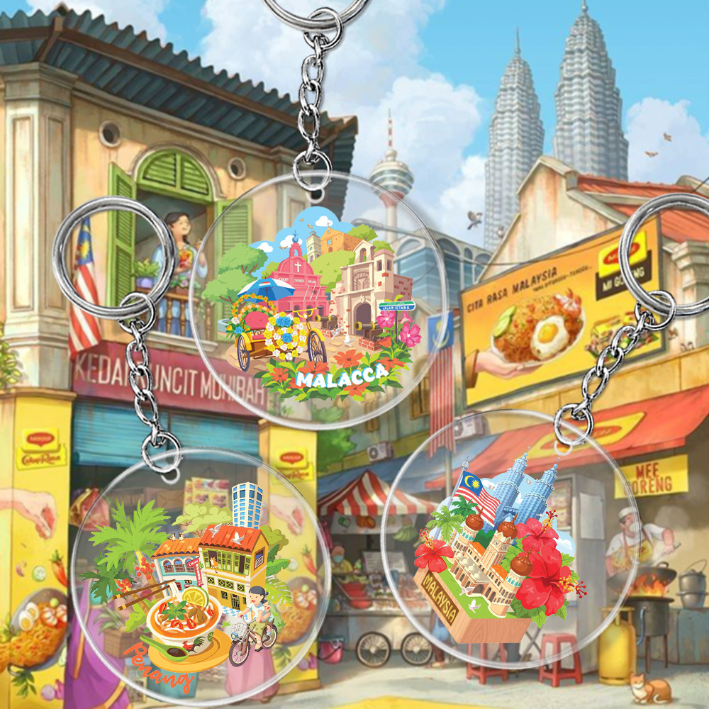 Malaysia Landmark Acrylic Keychain, Cute Cartoon Penang Malacca Kuala Lumpur Twin Towers Tourist Souvenir Bag Pendant Tourist Festival Souvenir Gift