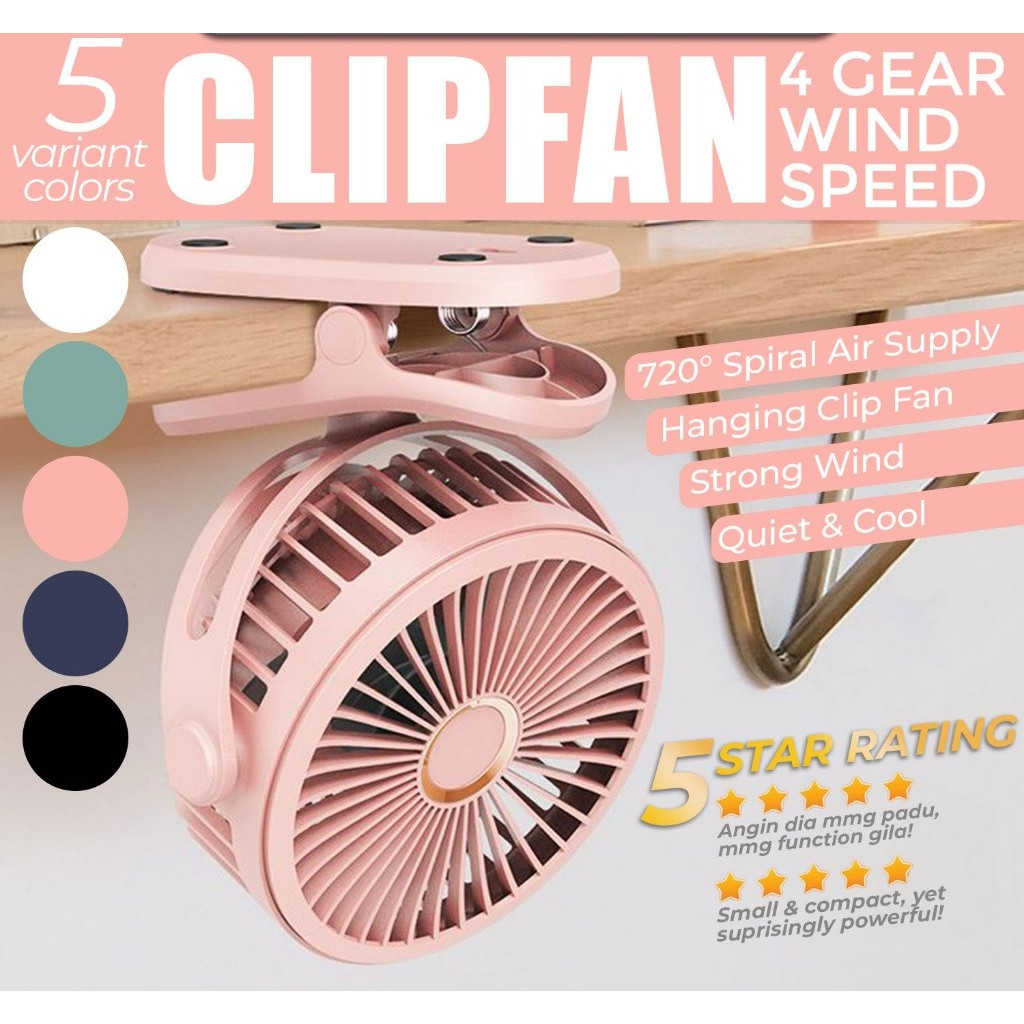 Kipas Mini Klip 6 Warna, Boleh Laras 360 Darjah, 4 Kelajuan, Kipas USB Boleh Caj, Kipas Penyejuk Meja