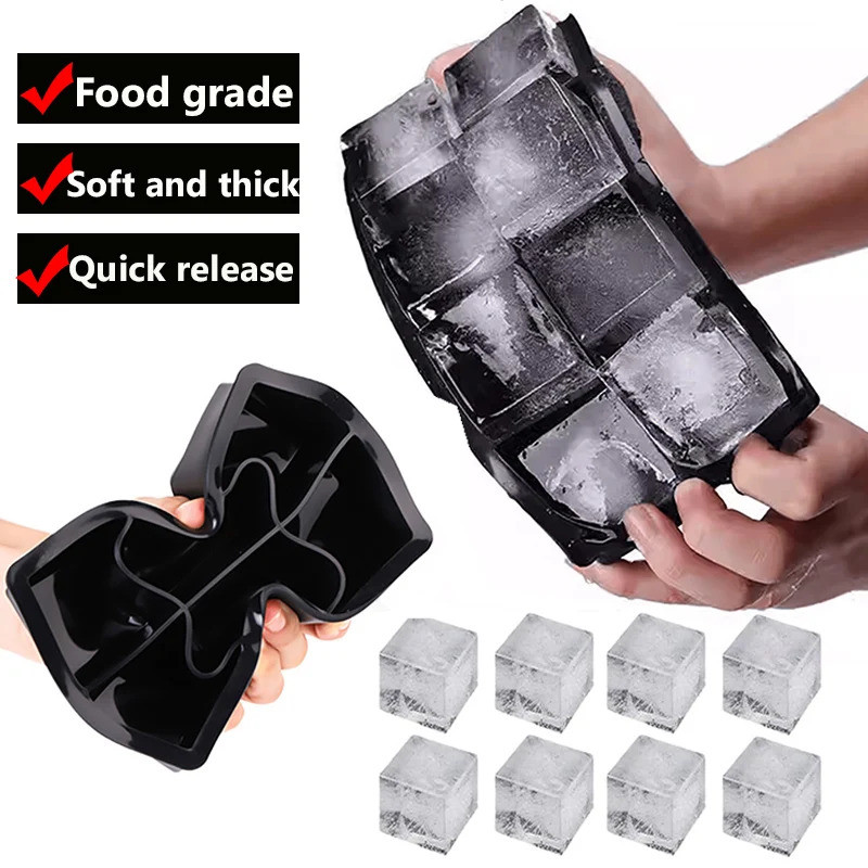 Acuan Ais Silikon 4/6/8 Grid, Acuan Ais Besar, Pembuat Ais Segi Empat, Acuan Boleh Digunakan Semula Gred Makanan, Wiski